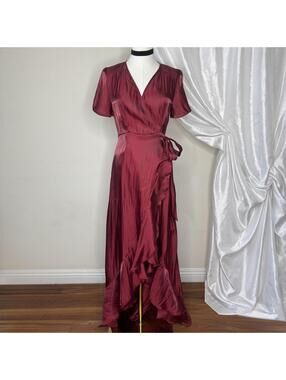 ALTAR'D STATE Fairy High-Low Ruffle Dress Size Small Burgundy Satin Wrap Waist